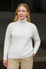 Balıkcı Yaka Bağazlı Triko Kazak Pamuklu Kalın Fitilli Dokuma - Beyaz - Görsel 2