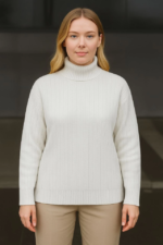 Balıkcı Yaka Bağazlı Triko Kazak Pamuklu Kalın Fitilli Dokuma - Beyaz - Görsel 3