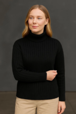 Balıkcı Yaka Bağazlı Triko Kazak Pamuklu Kalın Fitilli Dokuma - Siyah - Görsel 3