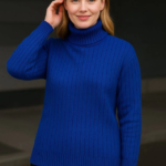 Balıkcı Yaka Bağazlı Triko Kazak Pamuklu Kalın Fitilli Dokuma - Saks Mavisi