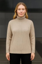 Balıkcı Yaka Bağazlı Triko Kazak Pamuklu Kalın Fitilli Dokuma - Bej - Görsel 2