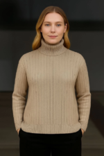 Balıkcı Yaka Bağazlı Triko Kazak Pamuklu Kalın Fitilli Dokuma - Bej - Görsel 3