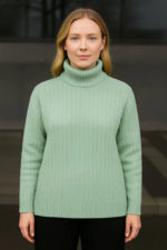 Balıkcı Yaka Bağazlı Triko Kazak Pamuklu Kalın Fitilli Dokuma - Mint Yeşili - Görsel 2