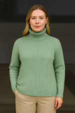 Balıkcı Yaka Bağazlı Triko Kazak Pamuklu Kalın Fitilli Dokuma - Mint Yeşili - Görsel 3