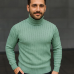 Erkek Balıkcı Yaka Bağazlı Triko Kazak Pamuklu Kalın Fitilli Dokuma, Regular Fit Uzun Kollu Kışlık Model - Mint Yeşili - Görsel 2