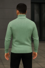 Erkek Balıkcı Yaka Bağazlı Triko Kazak Pamuklu Kalın Fitilli Dokuma, Regular Fit Uzun Kollu Kışlık Model - Mint Yeşili - Görsel 3
