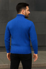 Erkek Balıkcı Yaka Bağazlı Triko Kazak Pamuklu Kalın Fitilli Dokuma, Regular Fit Uzun Kollu Kışlık Model - Saks Mavisi - Görsel 2
