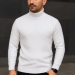 Erkek Balıkcı Yaka Bağazlı Triko Kazak Pamuklu Kalın Fitilli Dokuma, Regular Fit Uzun Kollu Kışlık Model - Beyaz