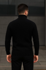 Erkek Balıkcı Yaka Bağazlı Triko Kazak Pamuklu Kalın Fitilli Dokuma, Regular Fit Uzun Kollu Kışlık Model - Siyah - Görsel 2