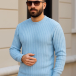 Erkek Bisiklet Yuvarlak Yaka Triko Kazak Pamuklu Kalın Fitilli Dokuma, Regular Fit Uzun Kollu Kışlık Model - Bebe Mavisi