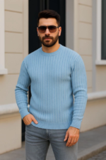 Erkek Bisiklet Yuvarlak Yaka Triko Kazak Pamuklu Kalın Fitilli Dokuma, Regular Fit Uzun Kollu Kışlık Model - Bebe Mavisi - Görsel 2