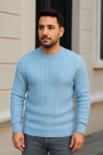 Erkek Bisiklet Yuvarlak Yaka Triko Kazak Pamuklu Kalın Fitilli Dokuma, Regular Fit Uzun Kollu Kışlık Model - Bebe Mavisi - Görsel 3