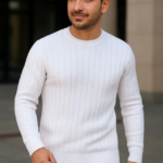 Erkek Bisiklet Yuvarlak Yaka Triko Kazak Pamuklu Kalın Fitilli Dokuma, Regular Fit Uzun Kollu Kışlık Model - Beyaz