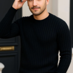 Erkek Bisiklet Yuvarlak Yaka Triko Kazak Pamuklu Kalın Fitilli Dokuma, Regular Fit Uzun Kollu Kışlık Model - Siyah