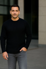 Erkek Bisiklet Yuvarlak Yaka Triko Kazak Pamuklu Kalın Fitilli Dokuma, Regular Fit Uzun Kollu Kışlık Model - Siyah - Görsel 3