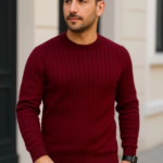 Erkek Bisiklet Yuvarlak Yaka Triko Kazak Pamuklu Kalın Fitilli Dokuma, Regular Fit Uzun Kollu Kışlık Model - Bordo