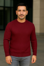 Erkek Bisiklet Yuvarlak Yaka Triko Kazak Pamuklu Kalın Fitilli Dokuma, Regular Fit Uzun Kollu Kışlık Model - Bordo - Görsel 3