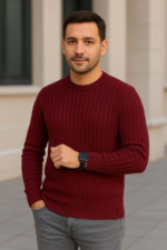 Erkek Bisiklet Yuvarlak Yaka Triko Kazak Pamuklu Kalın Fitilli Dokuma, Regular Fit Uzun Kollu Kışlık Model - Bordo - Görsel 4