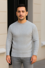 Erkek Bisiklet Yuvarlak Yaka Triko Kazak Pamuklu Kalın Fitilli Dokuma, Regular Fit Uzun Kollu Kışlık Model - Gri - Görsel 3