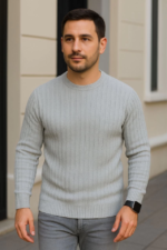 Erkek Bisiklet Yuvarlak Yaka Triko Kazak Pamuklu Kalın Fitilli Dokuma, Regular Fit Uzun Kollu Kışlık Model - Gri - Görsel 4