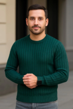 Erkek Bisiklet Yuvarlak Yaka Triko Kazak Pamuklu Kalın Fitilli Dokuma, Regular Fit Uzun Kollu Kışlık Model - Haki - Görsel 2