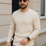 Erkek Bisiklet Yuvarlak Yaka Triko Kazak Pamuklu Kalın Fitilli Dokuma, Regular Fit Uzun Kollu Kışlık Model - Bej