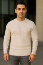 Erkek Bisiklet Yuvarlak Yaka Triko Kazak Pamuklu Kalın Fitilli Dokuma, Regular Fit Uzun Kollu Kışlık Model - Bej - Görsel 2