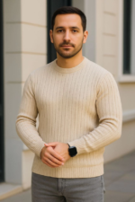 Erkek Bisiklet Yuvarlak Yaka Triko Kazak Pamuklu Kalın Fitilli Dokuma, Regular Fit Uzun Kollu Kışlık Model - Bej - Görsel 3