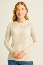 Bisiklet Yuvarlak Yaka Triko Kazak Pamuklu Kalın Fitilli Dokuma, Regular Fit Uzun Kollu Kışlık Model - Bej