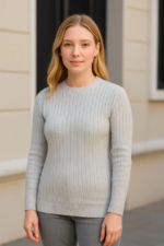 Bisiklet Yuvarlak Yaka Triko Kazak Pamuklu Kalın Fitilli Dokuma, Regular Fit Uzun Kollu Kışlık Model - Gri - Görsel 2