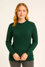 Bisiklet Yuvarlak Yaka Triko Kazak Pamuklu Kalın Fitilli Dokuma, Regular Fit Uzun Kollu Kışlık Model - Haki