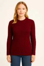 Bisiklet Yuvarlak Yaka Triko Kazak Pamuklu Kalın Fitilli Dokuma, Regular Fit Uzun Kollu Kışlık Model - Bordo - Görsel 2