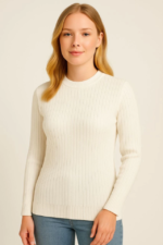 Bisiklet Yuvarlak Yaka Triko Kazak Pamuklu Kalın Fitilli Dokuma, Regular Fit Uzun Kollu Kışlık Model - Beyaz - Görsel 3