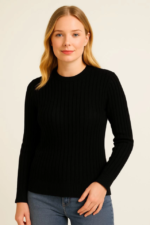 Bisiklet Yuvarlak Yaka Triko Kazak Pamuklu Kalın Fitilli Dokuma, Regular Fit Uzun Kollu Kışlık Model - Siyah - Görsel 3