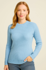 Bisiklet Yuvarlak Yaka Triko Kazak Pamuklu Kalın Fitilli Dokuma, Regular Fit Uzun Kollu Kışlık Model - Bebe Mavisi - Görsel 2