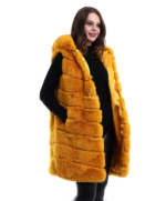 Kapşonlu Peluş Kürk Yelek Premium Kalite, Tam Astarlı, Uzun Model - Sarı - Görsel 2