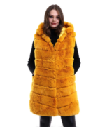 Kapşonlu Peluş Kürk Yelek Premium Kalite, Tam Astarlı, Uzun Model - Sarı - Görsel 4