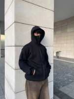 Samuray Ninja Çift Kapşonlu ZIP Fermuarlı Kanguru Çepli Tam Fermuarlı Hoodie Swetshirt - Siyah - Görsel 3