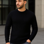 Erkek Fitilli Triko Kazak 2’li Set – Siyah - Beyaz, Kalın Dokuma Pamuklu Regular Fit Bisiklet Yaka Uzun Kollu Rahat Kışlık Kazak Kombini - Görsel 4