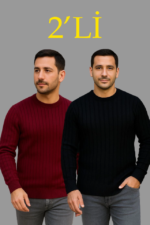 Erkek Fitilli Triko Kazak 2’li Set – Siyah - Bordo, Kalın Dokuma Pamuklu Regular Fit Bisiklet Yaka Uzun Kollu Rahat Kışlık Kazak Kombini