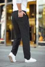 Erkek Cizgili Dokuma Krep Jogger Buggy Pantalon Rahat Kalıp - Siyah - Görsel 2