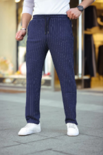 Erkek Cizgili Dokuma Krep Jogger Buggy Pantalon Rahat Kalıp - Lacivert - Görsel 2