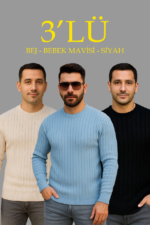 Erkek Fitilli Triko Kazak 3’lü Set – Bej, Bebek Mavisi, SiyahKalın Dokuma Pamuklu Regular Fit Bisiklet Yaka Uzun Kollu Kışlık Ve Baharlık Rahat Triko Kombini