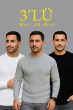Erkek Fitilli Triko Kazak 3’lü Set – Beyaz, Gri, SiyahKalın Dokuma Pamuklu Regular Fit Bisiklet Yaka Uzun Kollu Kışlık Ve Baharlık Rahat Triko Kombini
