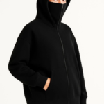 Samuray Ninja Çift Kapşonlu ZIP Fermuarlı Kanguru Çepli Hoodie Maske Detaylı Swetshirt - Siyah