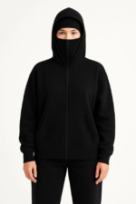 Samuray Ninja Çift Kapşonlu ZIP Fermuarlı Kanguru Çepli Hoodie Maske Detaylı Swetshirt - Siyah - Görsel 4
