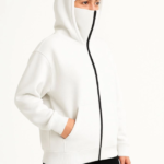 Samuray Ninja Çift Kapşonlu ZIP Fermuarlı Kanguru Çepli Hoodie Maske Detaylı Swetshirt - Beyaz