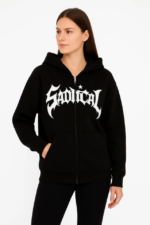 Oversize Kapüşonlu Sweatshirt  Hoodie 3 İplik Şardonlu Pamuklu Kumaş, Önü Baskılı, Fermuarlı Rahat Kalıp, Kışlık Ve Sokak Stili Sweat - Siyah - Görsel 4