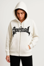 Oversize Kapüşonlu Sweatshirt Hoodie 3 İplik Şardonlu Pamuklu Kumaş, Önü Baskılı, Fermuarlı Rahat Kalıp, Kışlık Ve Sokak Stili Sweat - Beyaz - Görsel 2