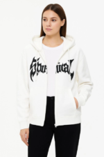 Oversize Kapüşonlu Sweatshirt Hoodie 3 İplik Şardonlu Pamuklu Kumaş, Önü Baskılı, Fermuarlı Rahat Kalıp, Kışlık Ve Sokak Stili Sweat - Beyaz - Görsel 3